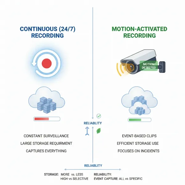 A side-by-side comparison illustrating continuous and motion-activated security camera recording methods.
