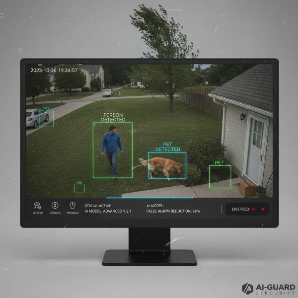 A security camera display showing smart AI detection distinguishing between a person and a pet.