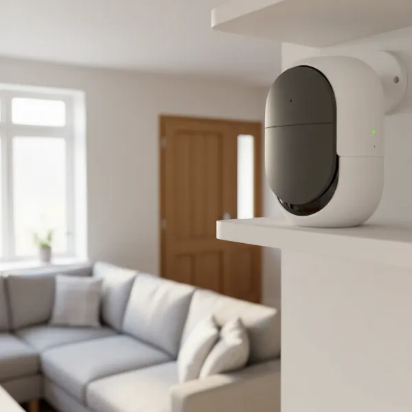 A security camera with its privacy shutter closed, strategically placed in a home for optimal security and privacy.
