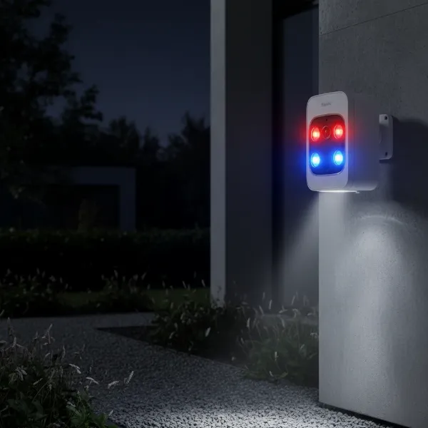 Swann Enforcer security camera with red and blue flashing lights actively deterring an intruder.