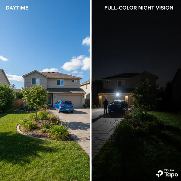 Split image showing TP-Link Tapo C320WS day and full-color night vision footage.
