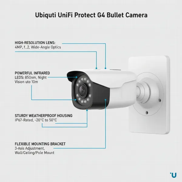 An illustrative diagram of the Ubiquiti UniFi Protect G4 Bullet showing its features like lens, IR LEDs, and mounting bracket, highlighting its robust design.