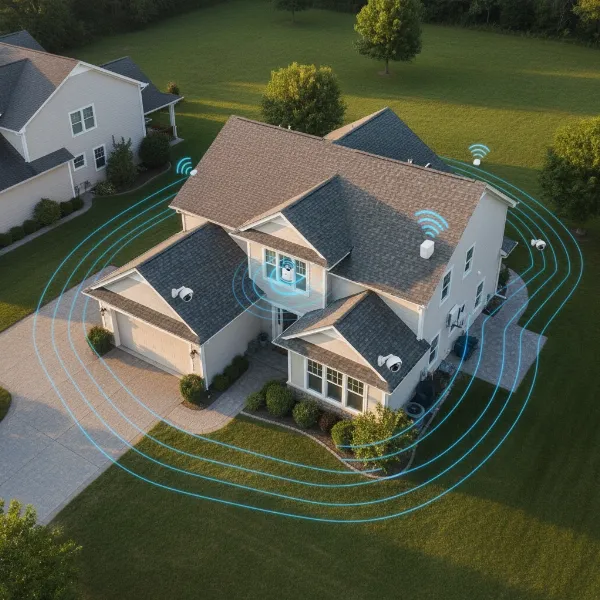 Illustration of various Wi-Fi hardware like extenders, mesh nodes, and outdoor APs boosting signal for outdoor cameras.
