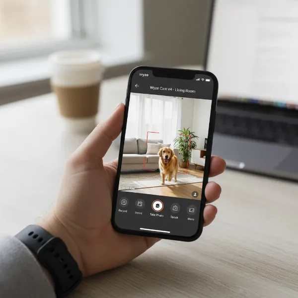 A smartphone screen displaying the Wyze app interface, showing a live feed from the Wyze Cam v4 with motion detection alerts.