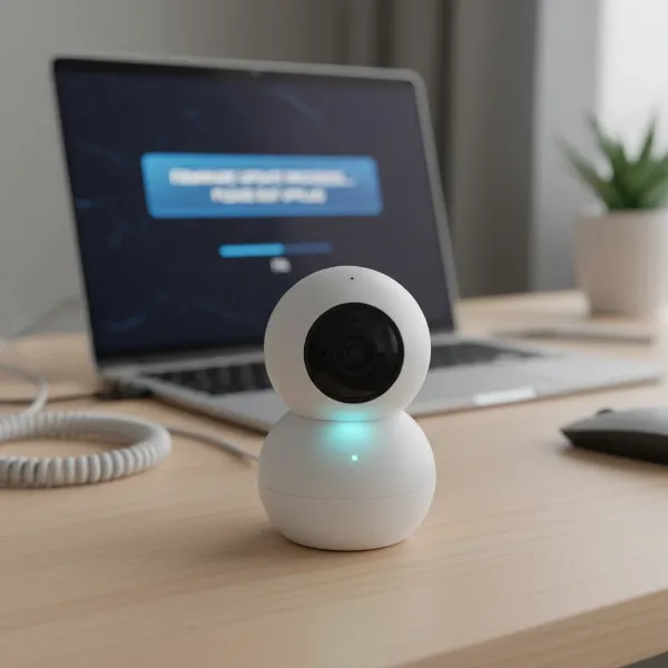A close-up of a Wyze Cam v4 receiving a firmware update, indicated by a glowing light, on a modern desk setting.