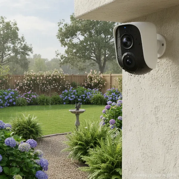 Wyze Cam v4 installed outdoors, showing its weather-resistant design, with green foliage in the background.